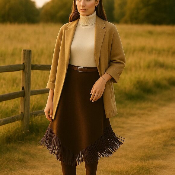Peruvian Connection Baby Alpaca Wool Fringe Skirt in Chestnut Truffle Brown - Picture 1 of 9
